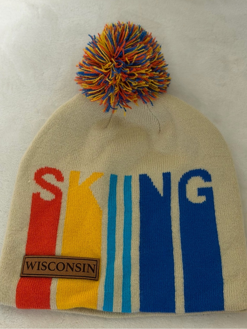 Locale Outdoor Wisconsin Skiing Winter Beanie Pom Pom Knit Hat Retro Cream OS